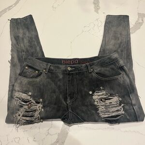 Biepa Jeans Mens 38 Black Bleach Wash Skull Bullet Pendants Zipper Ankle Grunge